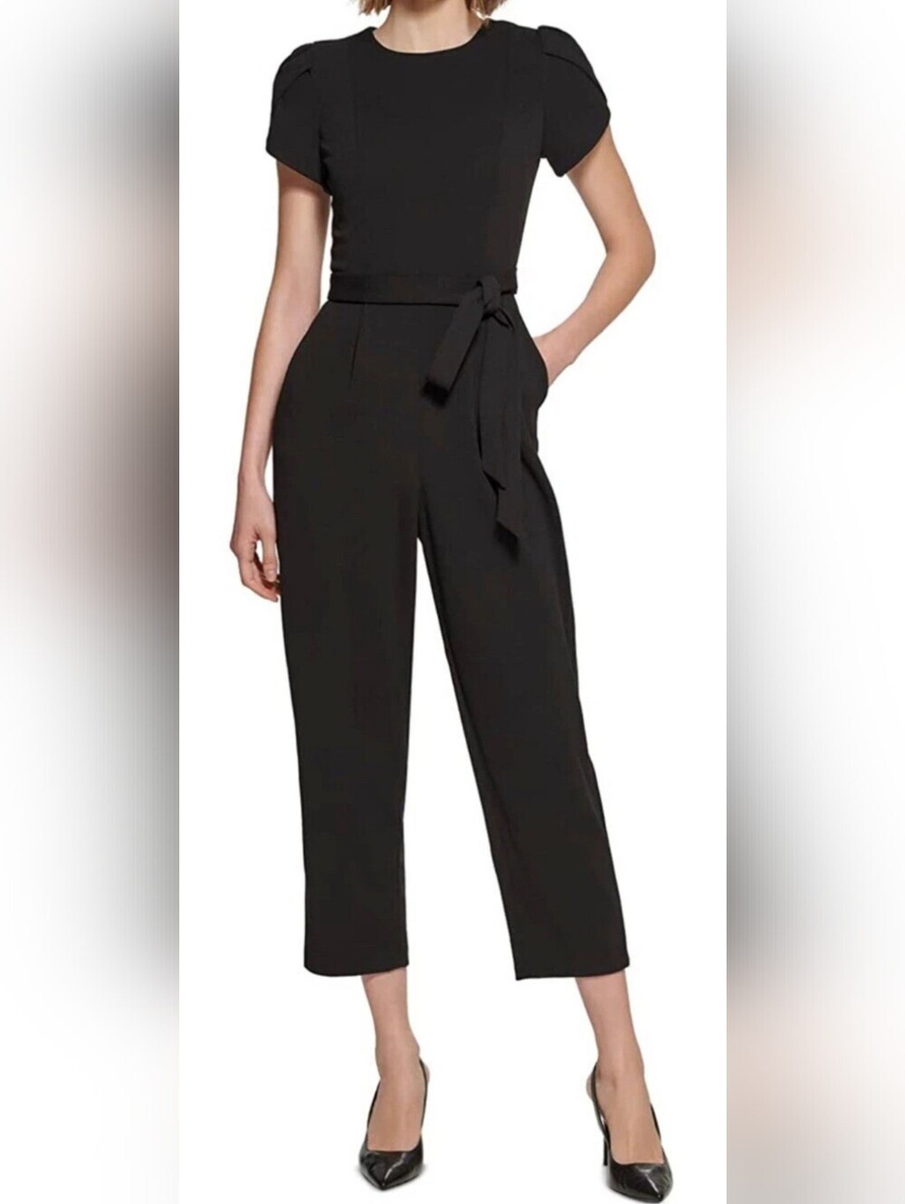Calvin Klein Women’s Black Tie Waist Jumpsuit Size 2 Short Sleeve.
